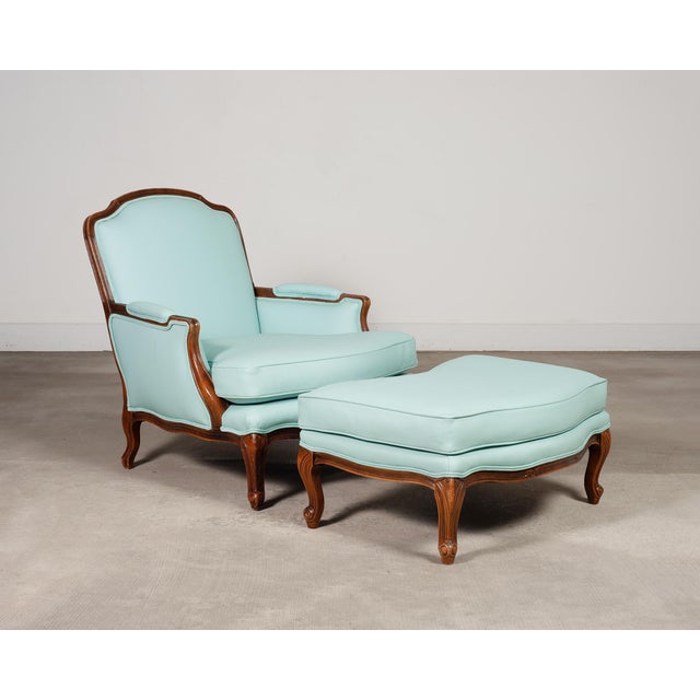 Louis XV Style Bergère Lounge Chair in Tiffany Blue + Ottoman For Sale - Image 11 of 18