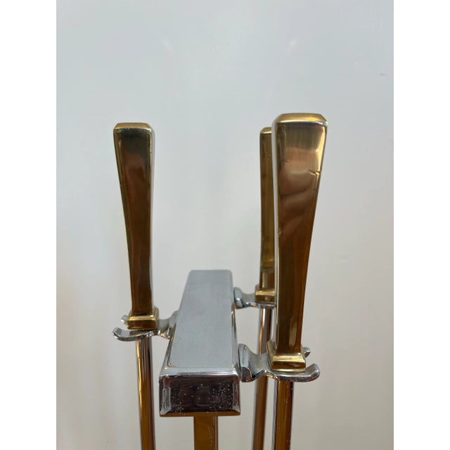 Mid Century Modernist Fireplace Tools Chrome and Brass For Sale In New York - Image 6 of 9