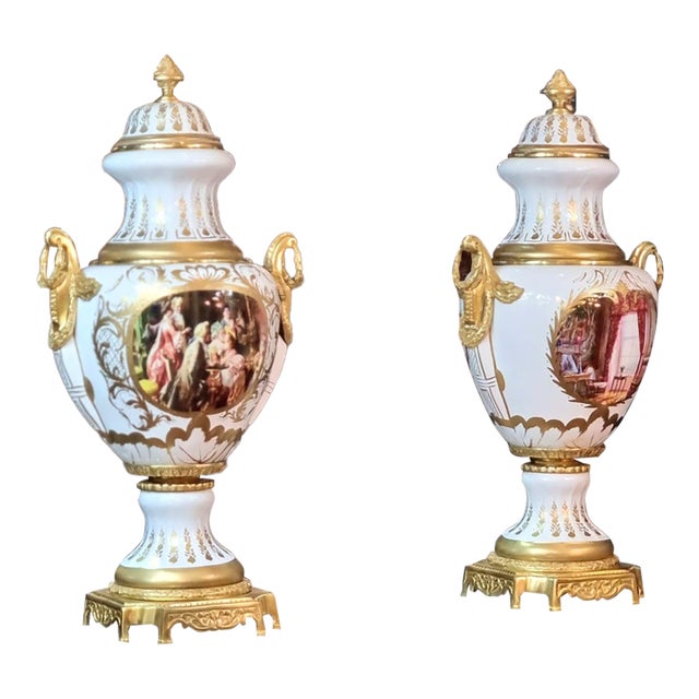 The Romantic Gilded Muse Set of 2 – French-Inspired Lidded Porcelain Vase With Hand-Painted Scenes, Gold Leaf & Bronze Ormolu (Sold Individually) For Sale