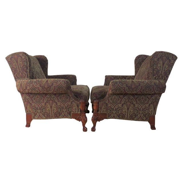 Councill Furniture Pair, Councill Wingback Chairs With Carved Apron, Legs, and Paisley Pattern, Late 20th Century For Sale - Image 4 of 6