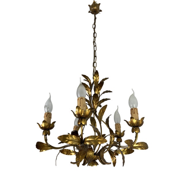 Italian Five-Light Wrought Iron Chandelier, 1950s For Sale