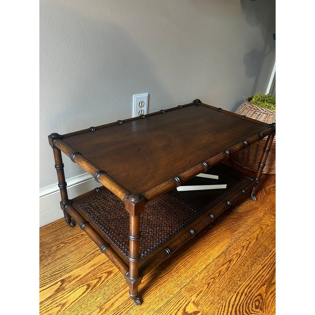 Ornamental & Decorative Materials Vintage Mid-Century Faux Bamboo Walnut Coffee Table With Cane Shelf & Casters For Sale - Image 7 of 16