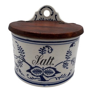1920s Salt Box Blue and White Ceramic With Wood Lid Antique From Germany For Sale