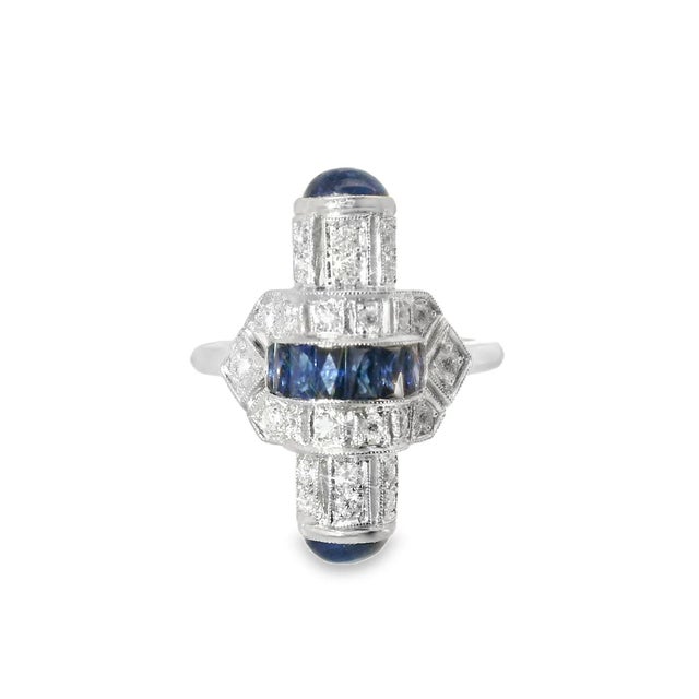 Art Deco 1920s 14K White Gold Hand Cut Diamond Sapphire Mosaic Ring Art Deco Estate, Size 6.5 For Sale - Image 3 of 3
