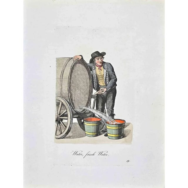 Hand-colored etching by Christoph Suhr in 1808. Belongs to the series "Der Ausruf in Hamburg dargestellt in einhundert und...