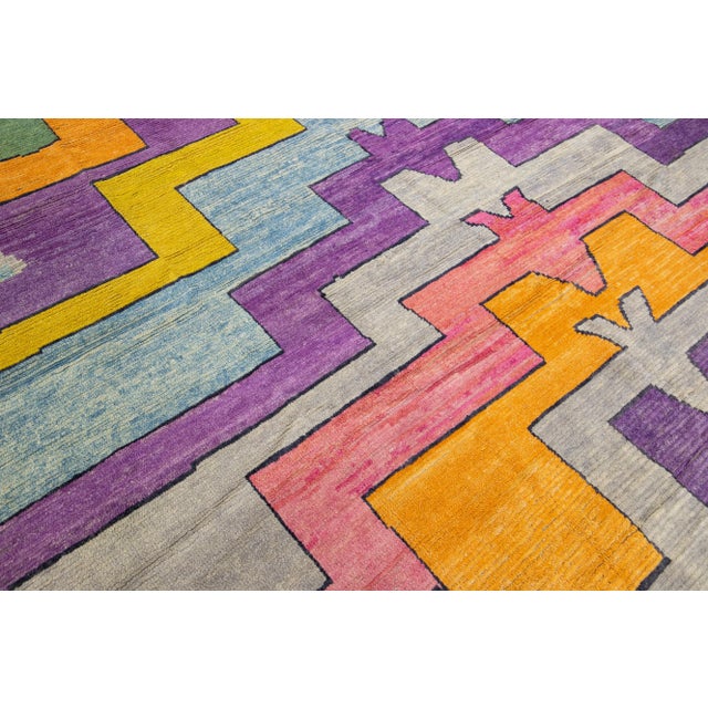 Textile Modern Turkish Tulu Handmade Multicolor Geometric Motif Oversize Wool Rug For Sale - Image 7 of 11