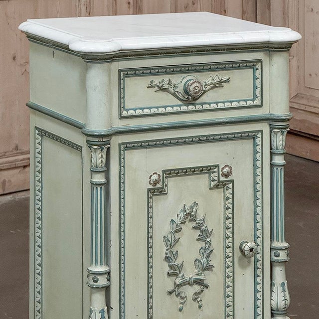 Wood Pair 19th Century French Louis XVI Painted Nightstands With Carrara Marble For Sale - Image 7 of 18