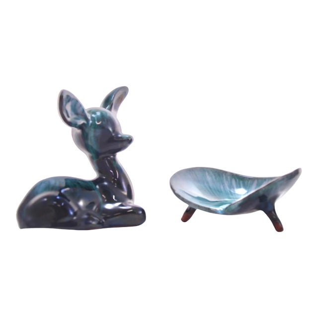 Aqua Water Glaze Pottery Leaf & Fawn - a Pair For Sale