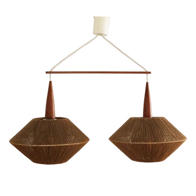 Danish Modern Teak Sisal Double Pendant Light Lamp from Temde, 1960s For Sale