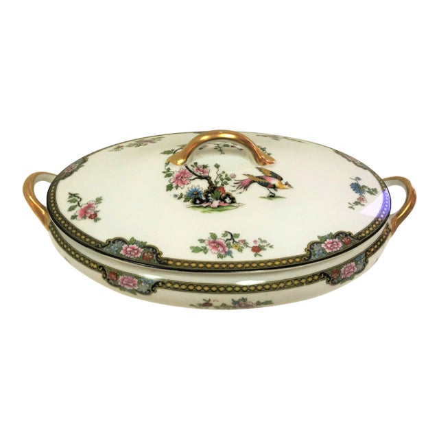 Japanese Noritake Porcelain "Pheasant" Pattern Serving Dish With Lid Circa 1920's For Sale