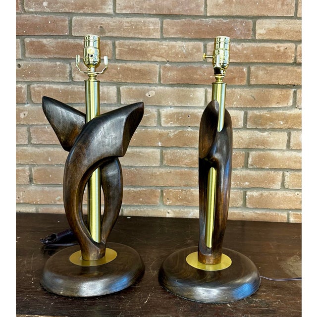 Wood Tasha Heifetz Free Form Walnut and Brass Table Lamps- A Pair. For Sale - Image 7 of 9
