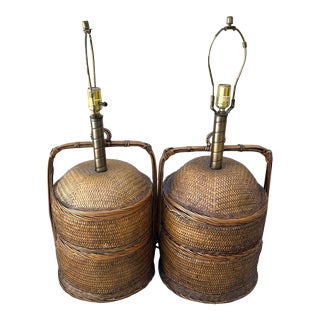 Antique Chinese Wedding Basket/Table Lamps-A Pair For Sale