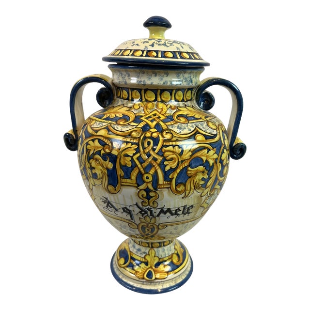 1990s Italian Hand-Painted Blue Urn With Scrolled Handles For Sale