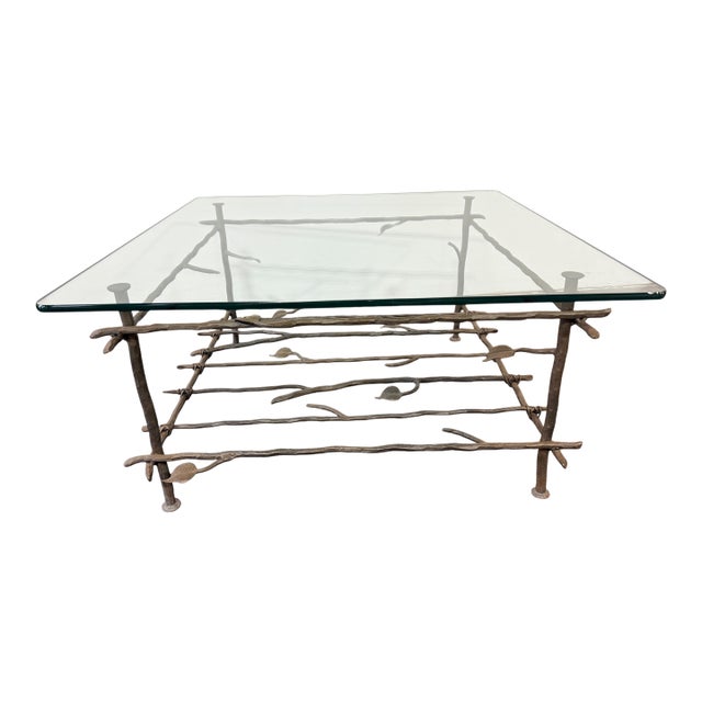 Giacometti Style Forged Iron and Glass Coffee Table, Faux Bois Vine Trellis Base For Sale