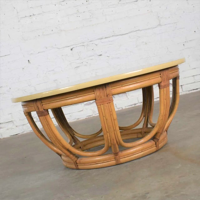 Vintage Coastal Style Coffee or End Table Round Rattan Drum Shape With Laminate Top For Sale - Image 6 of 11