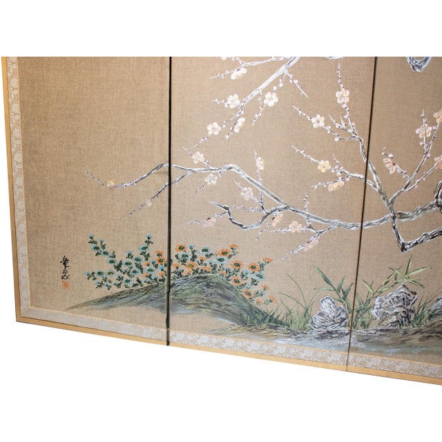 1960s Showa Era C. 1970s Japanese Maki-E Byobu Screen "Blossoming Sakura and Asters" For Sale - Image 5 of 18