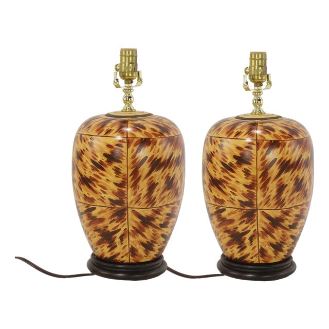 These Are a Pair of Early 21st-Century Hand-Painted Tortoiseshell-Patterned Art Ceramic Table Lamps. For Sale