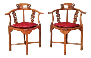 Antique Chinese Meticulously Carved Rosewood Corner Chairs - Pair