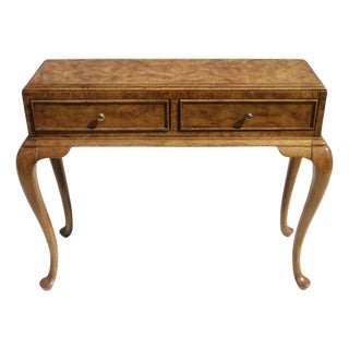 1970s American of Martinsville 2 Drawer Burl Queen Anne Style Writing Table For Sale