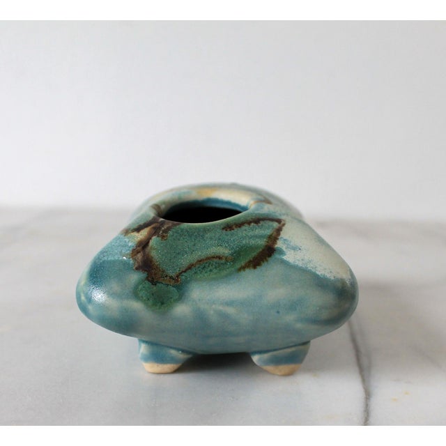 Light Green Vintage Ikebana Pillow Shaped Footed Pottery Vase For Sale - Image 8 of 9