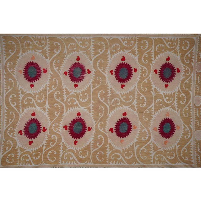 Beige Uzbek Suzani Rug – Red Teal Floral Embroidery – Boho Handmade Textile 7'5'' X 10'3'' For Sale In New York - Image 6 of 15