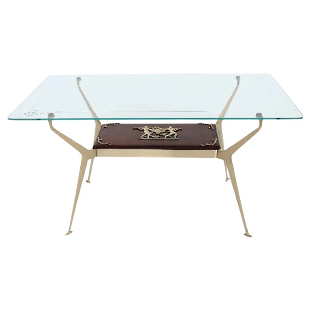 Italian Coffee Table in Brass and Mahogany, 1950s For Sale