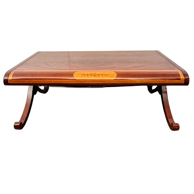 Coffee Late 20th Century Neoclassical Flame Mahogany & Satinwood Inlaid Curule Coffee Table For Sale - Image 8 of 18