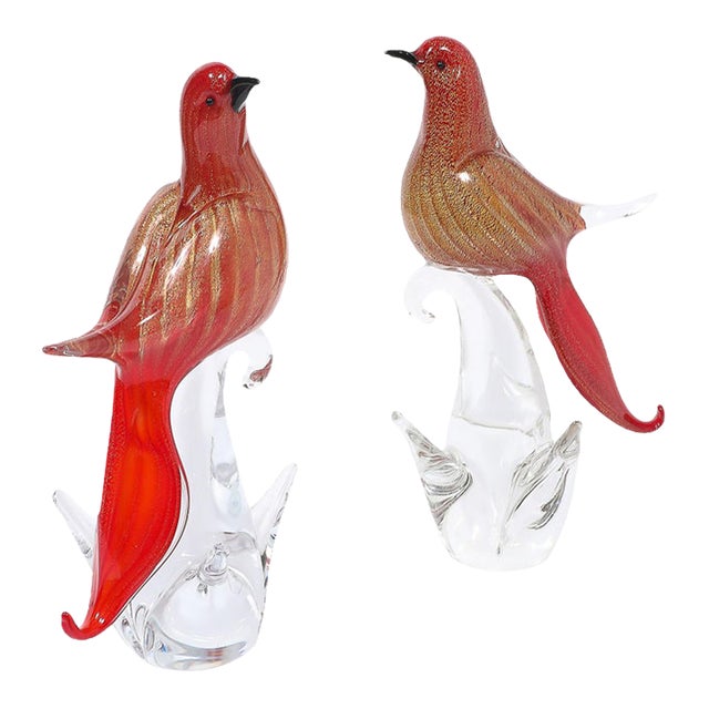 Pair of Mid-Century Vermillion Murano Glass Dove Sculptures With 24k Gold Flecks For Sale