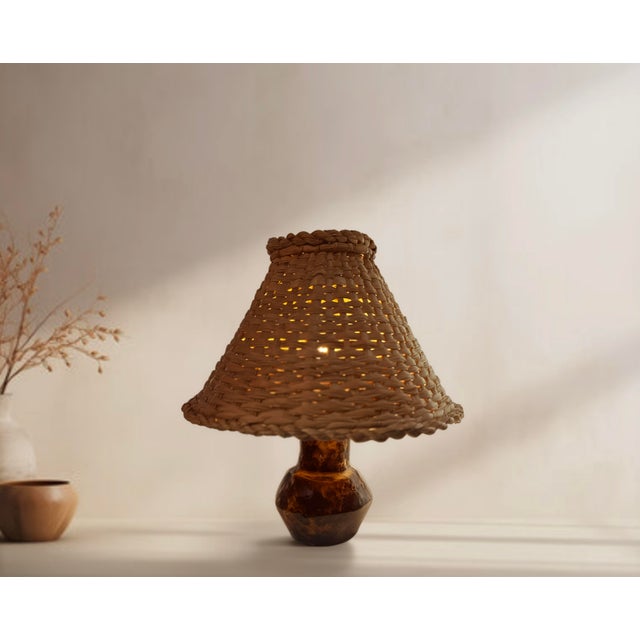Mid-Century Modern Ceramic Table Lamp with Wicker Cap, 1960s For Sale - Image 6 of 7