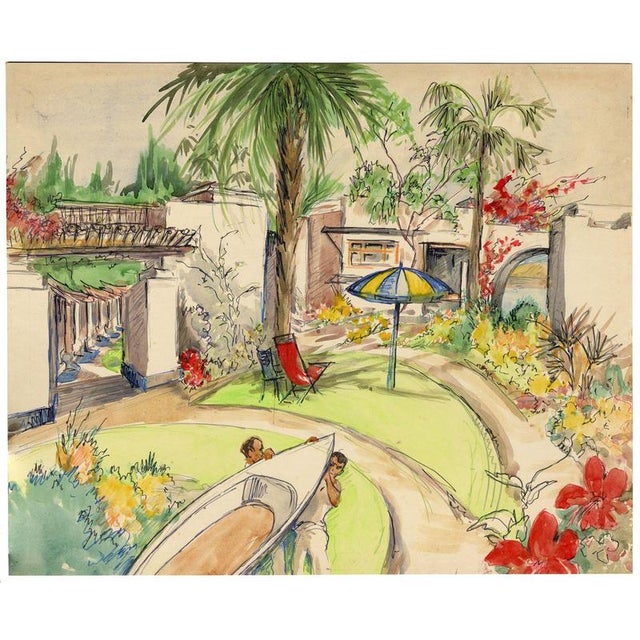 Modern Ivy T. Attwell, Watching the World Go By, 1950s, Gouache For Sale - Image 3 of 4