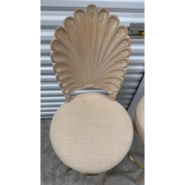 Pair of Vintage Shell-Back Bar Stools With Brass Footrests For Sale In Miami - Image 6 of 6
