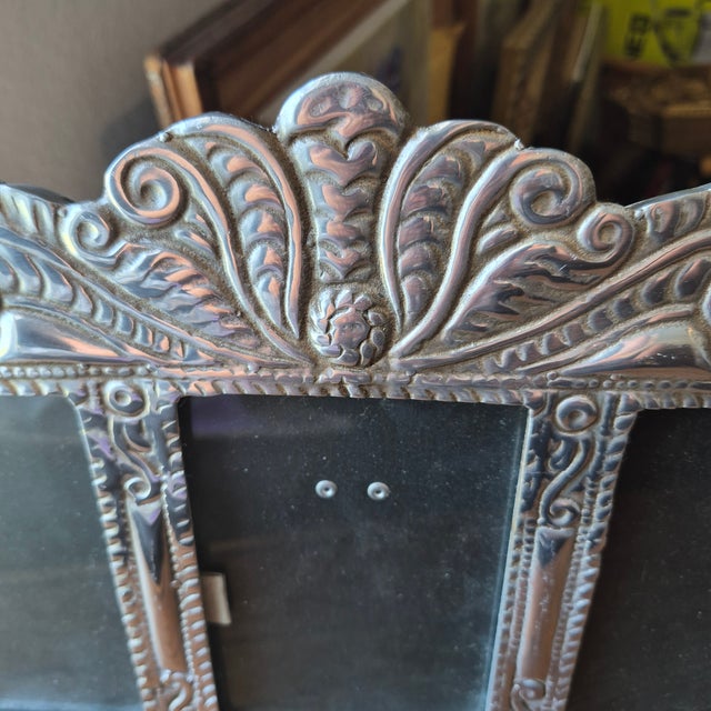 1990s Handcrafted Mexian Pewter Triple Triptych Photo Picture Frame Folk Art 15.5 X 10 For Sale - Image 16 of 17