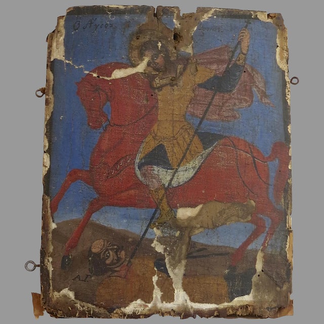 Signed AP 14th century gesso on wood hole and loses to paint. Spanish or Byzantine. Reframed with offset glass gilt frame....