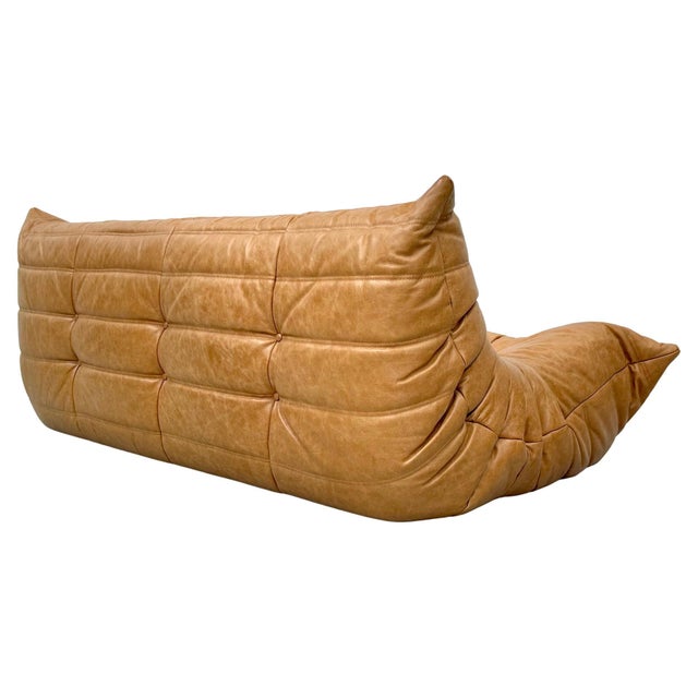 Khaki French 3-Seater Togo Sofa in Dark Camel Leather attributed to Michel Ducaroy for Ligne Roset For Sale - Image 8 of 11