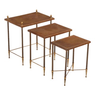 Set of 3 French Brass and Leather Nesting Tables in the Manner of Maison Jansen, C. 1960 For Sale