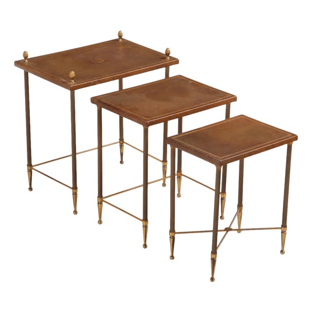 Set of 3 French Brass and Leather Nesting Tables in the Manner of Maison Jansen, C. 1960 For Sale