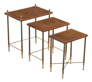 Set of 3 French Brass and Leather Nesting Tables in the Manner of Maison Jansen, C. 1960