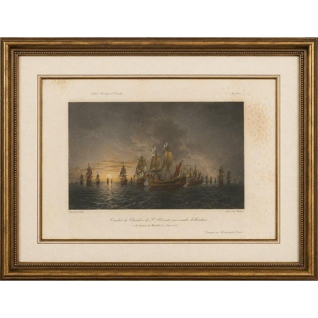 Title: Chevalier de Saint-Pol Fighting a Dutch Squadron, c. 1840 Original antique 19th-century hand-colored marine...