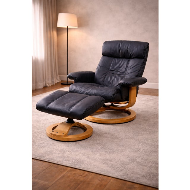 Set of Vintage Scandinavian Lounge Chair with Ottoman in Black Leather and Wood Frame, 1980s For Sale - Image 15 of 15