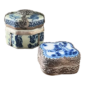 Late 20th Century Ornate Chinese Porcelain and Silver Pill Boxes- Set of 2