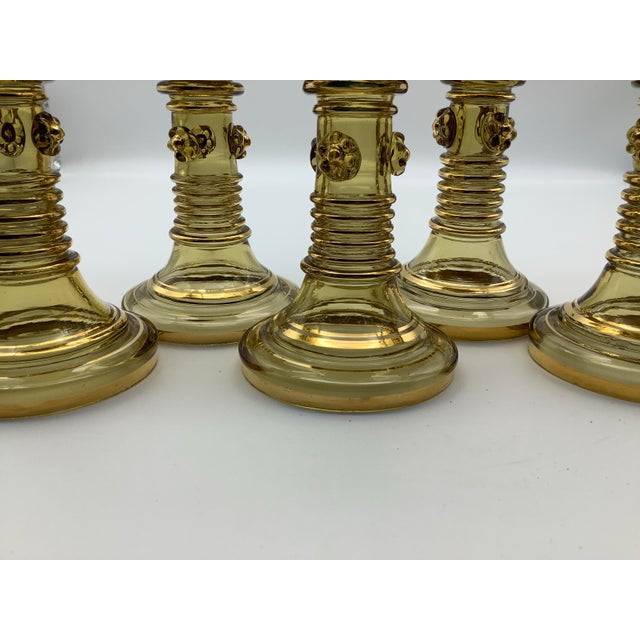 Abstract Antique Moser Bohemian Clear Gilded Blown Glass Wine Goblet, With Gold Floral Flowers and Leafs on Stem With Open End, Set of 5 For Sale - Image 3 of 12