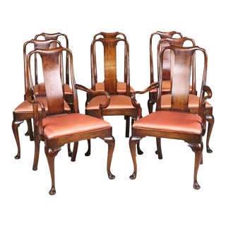 Set of 8 Antique English Queen Anne Style Dining Chairs For Sale