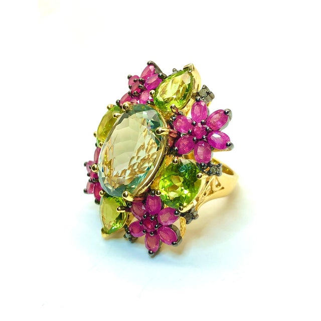 Bochic “Orient” Vintage Diamond, Peridot, Tourmaline & Topaz Ring 18K & Silver For Sale - Image 15 of 15