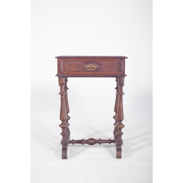 Sewing table with one drawer. Rectangular top with moulded edges and one front drawer with metal handle, drawer panel...