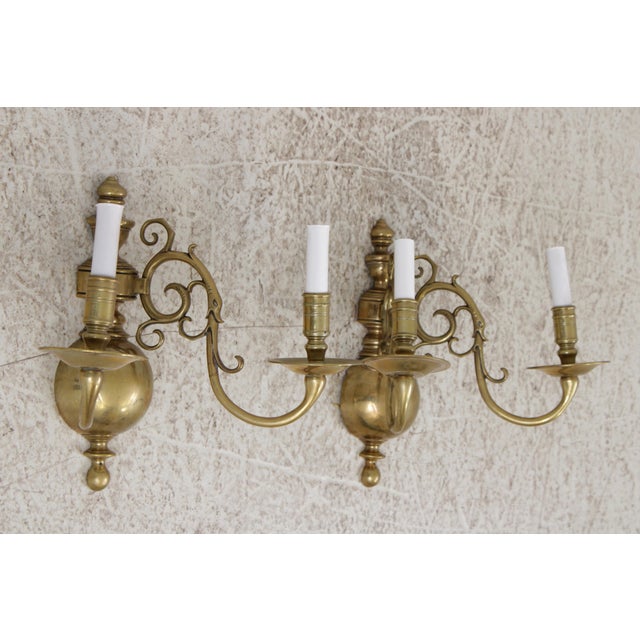 Traditional Pair Vintage Colonial Williamsburg Brass Candelabra Wall Sconces For Sale - Image 3 of 13