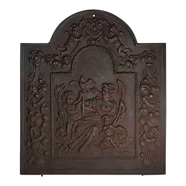 Antique Black Fireback • Cast Iron With Classic Imagery For Sale