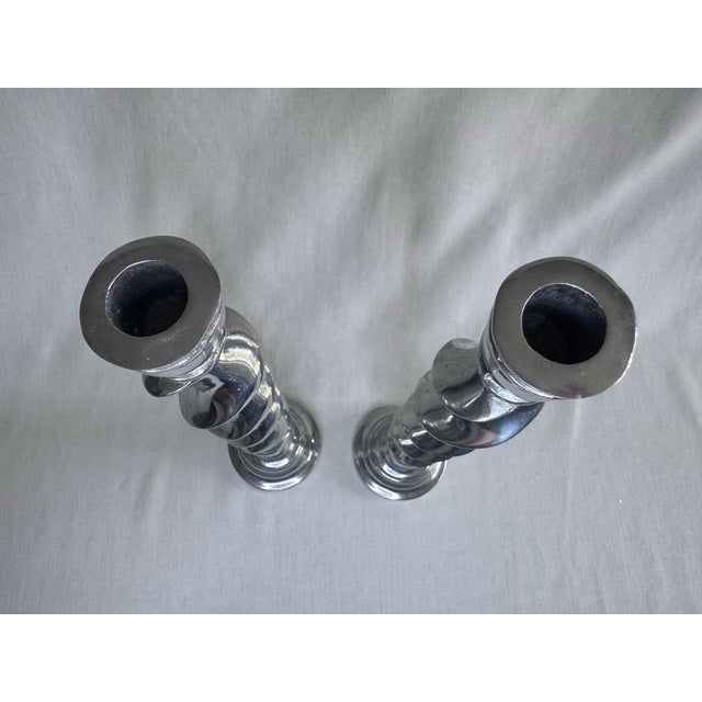 Vintage Large English Traditional Barley Twist Silver Tone Candlesticks, a Pair For Sale - Image 9 of 11