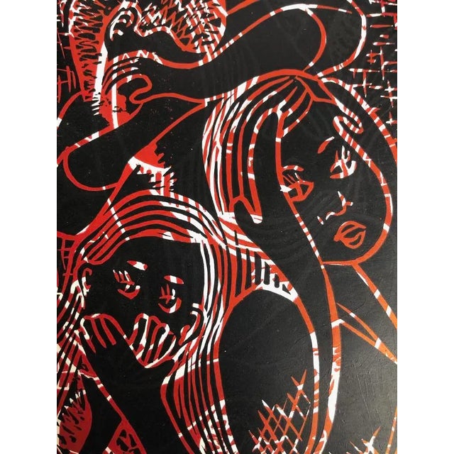 Untitled 20th century relief print by Roberta Floltman depicting three women embodying the “hear no evil, see no evil,...