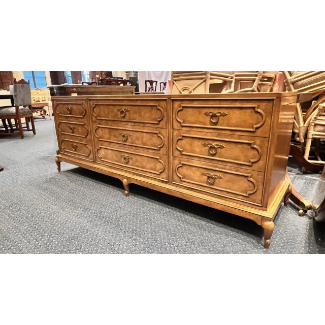 Mastercraft 1970s Mastercraft Burlwood 9-Drawer Dresser W/ Brass Ring Pulls For Sale - Image 4 of 12