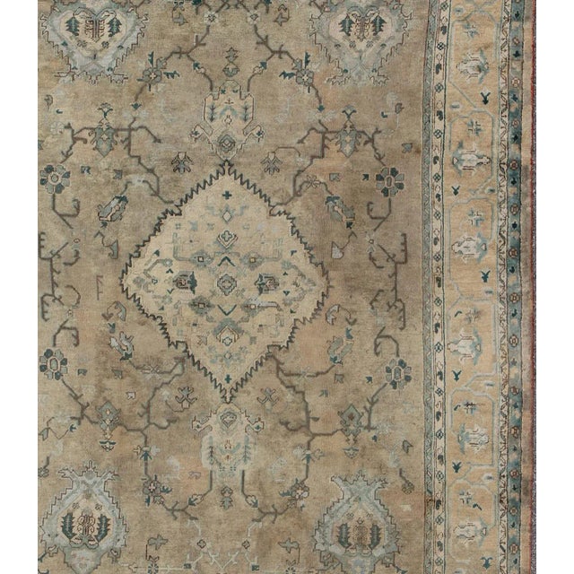 Tribal Neutral Antique Oushak Carpet in Shades of Teal, Green, Khaki, Taupe and Butter 11'4 X 14'3 For Sale - Image 3 of 10